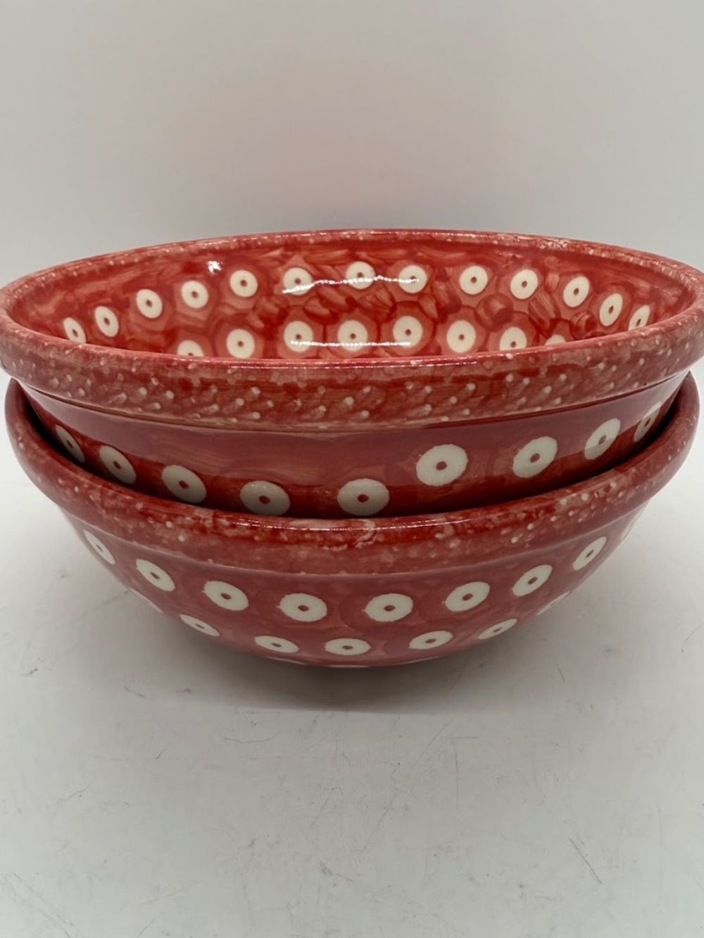 Set Of 2 Polish Pottery Manufaktura Red Tradition Dot Soup Cereal Bowls 6.5”